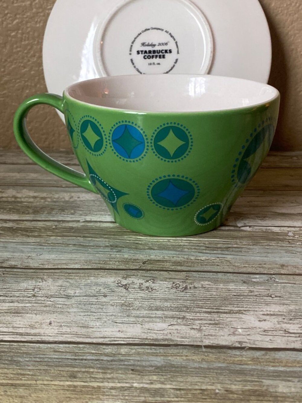 Starbucks Holiday 2006 Christmas Teacup Saucer Set 12 oz Green Ornament Stocking - Picture 12 of 13